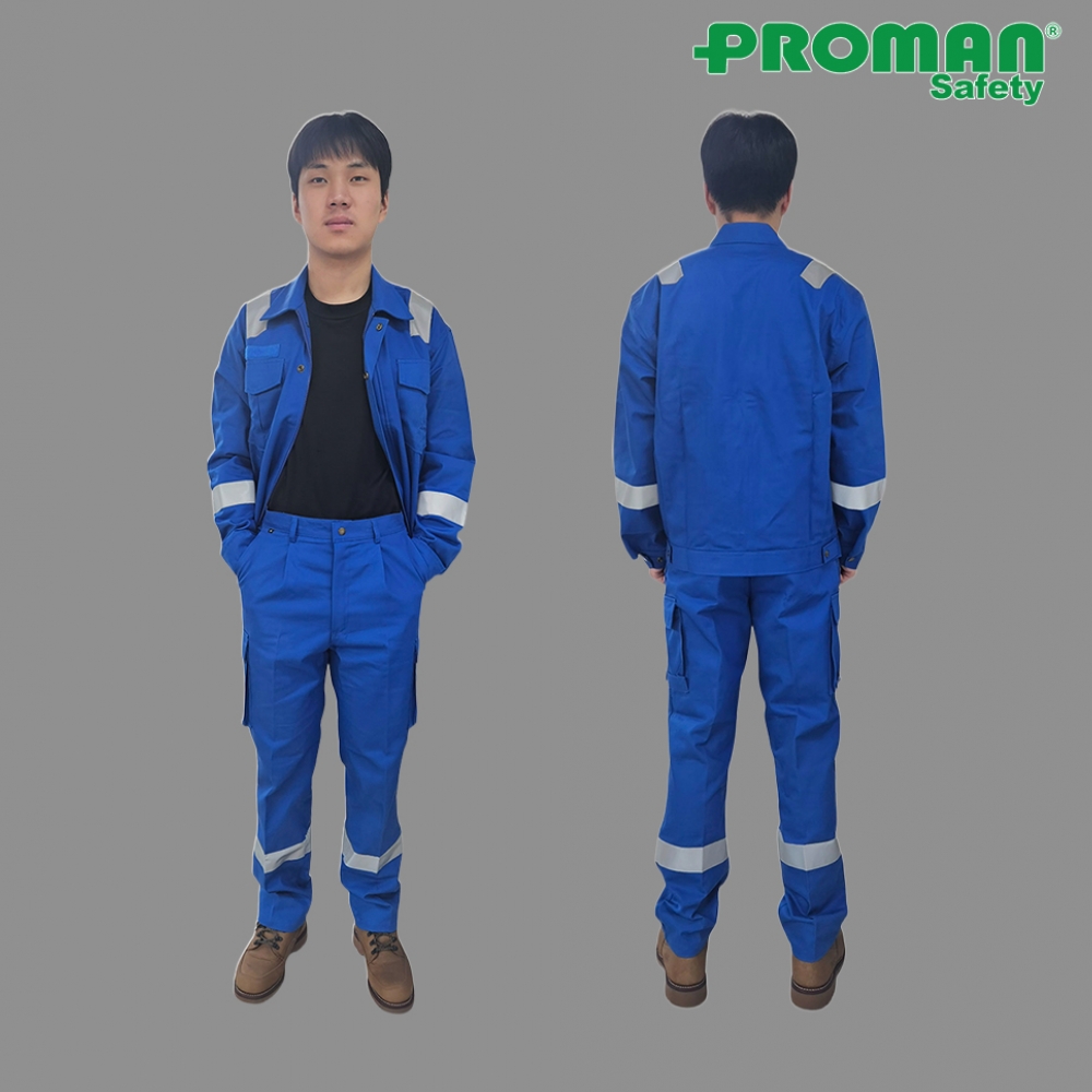프로맨 작업복 PM-100FB,투피스 안전작업복 산업용 다목적용 봄.가을 겨울용 파랑